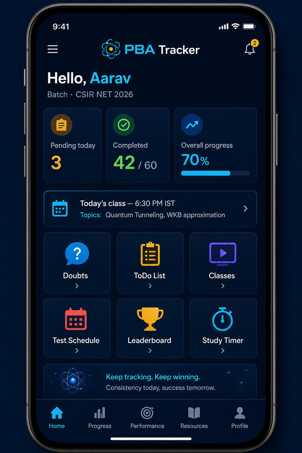 PBA Tracker student dashboard with progress, classes and doubt tiles